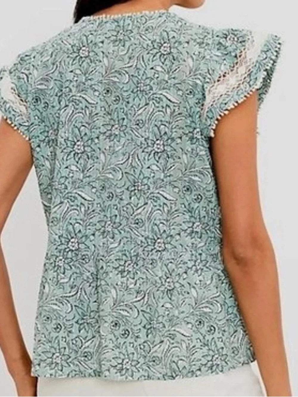 LOFT Mint Green Floral Lace-Trim V-Neck Blouse - Picture 4 of 7